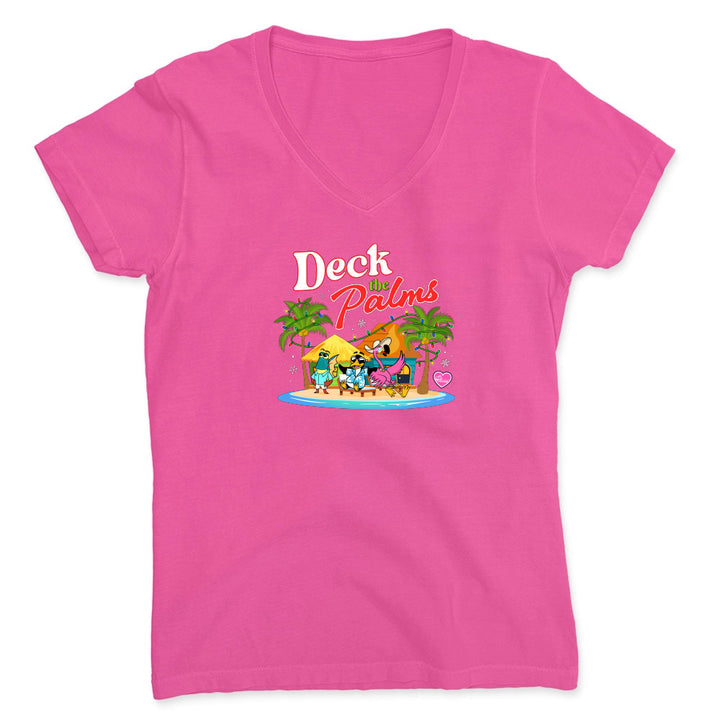 Pink t-shirt with 'Deck the Palms' graphic design on a white background