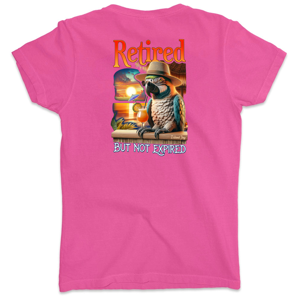 Pink t-shirt with a parrot graphic and text 'Retired but not expired' on a white background