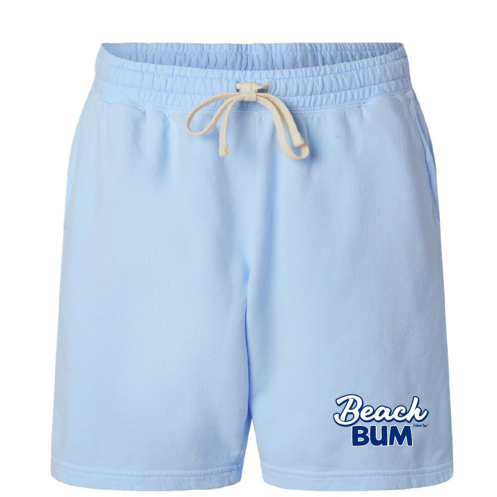 Light blue shorts with a drawstring and 'Beach Bum' text on a white background