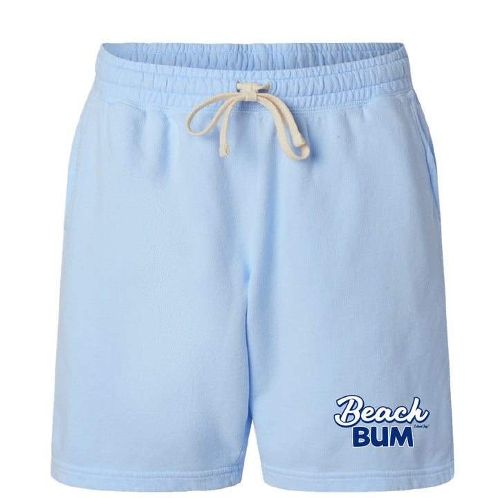 Light blue shorts with a drawstring and 'Beach Bum' text on a white background