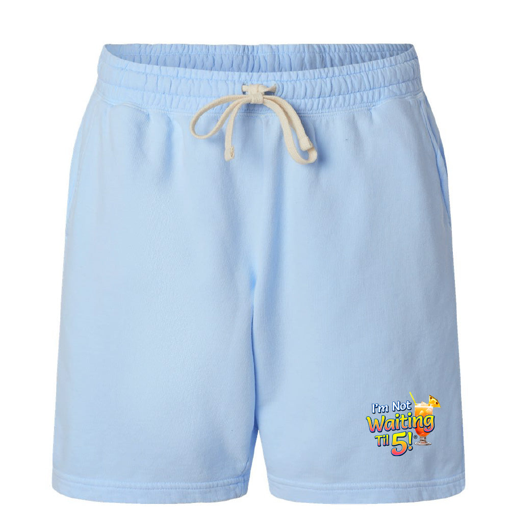 Light blue shorts with a colorful graphic on a white background