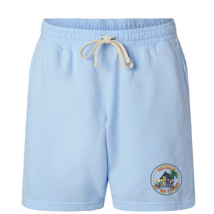 Light blue shorts with a logo on a white background