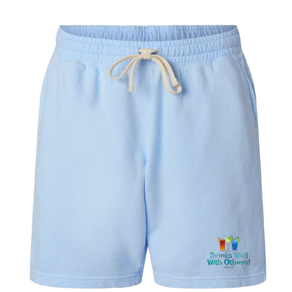 Light blue shorts with a drawstring on a white background