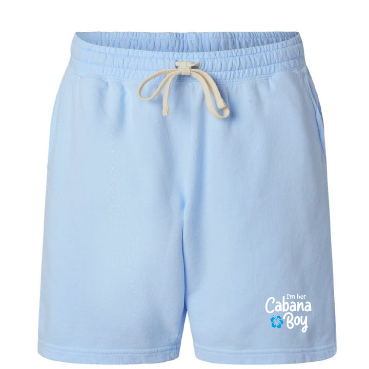 Light blue shorts with a drawstring and 'I'm just a Cabana Boy' text on a white background