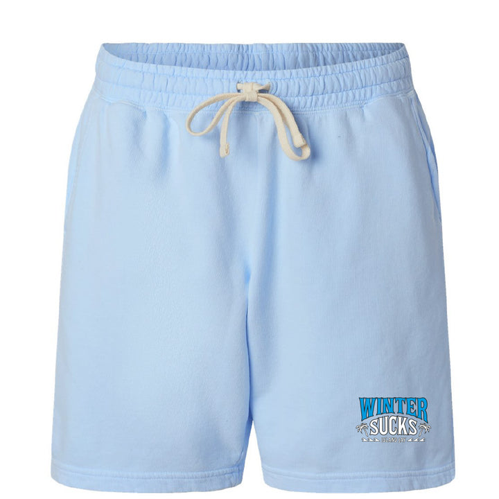 Light blue shorts with a drawstring on a white background