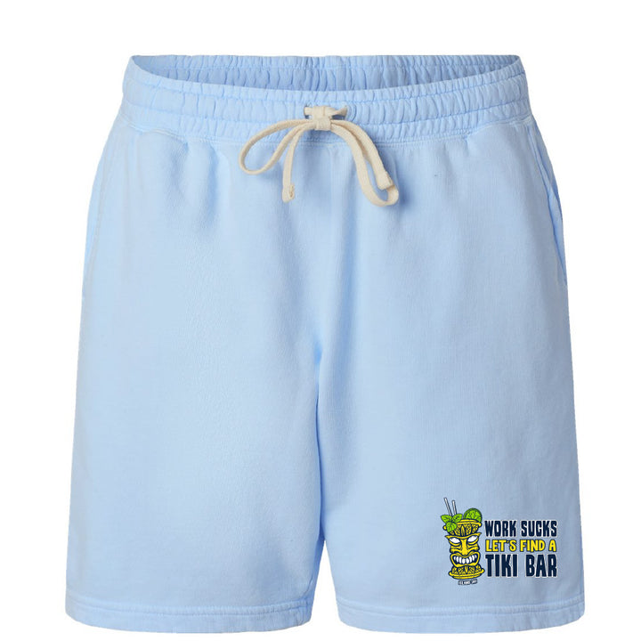 Light blue shorts with a graphic and text on a white background