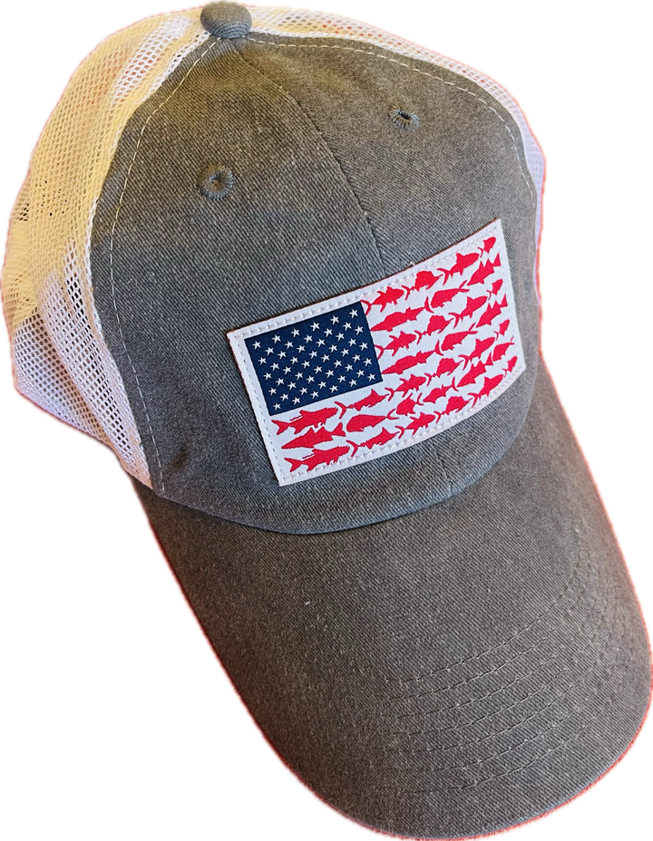 Baseball cap with an american flag with fish as the lines in the flag