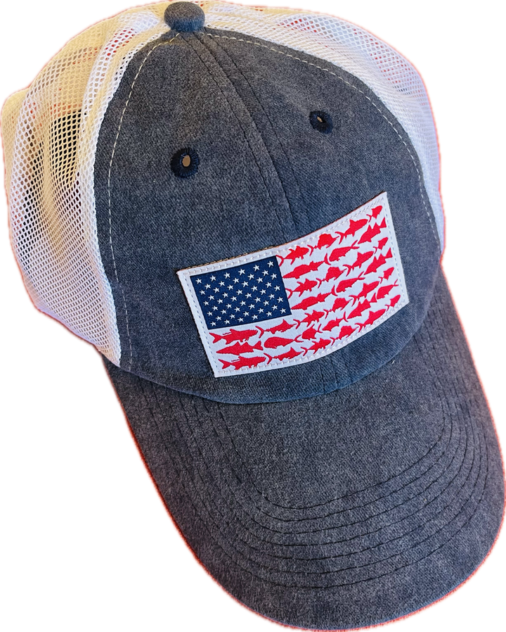 Baseball cap with an american flag with fish as the lines in the flag