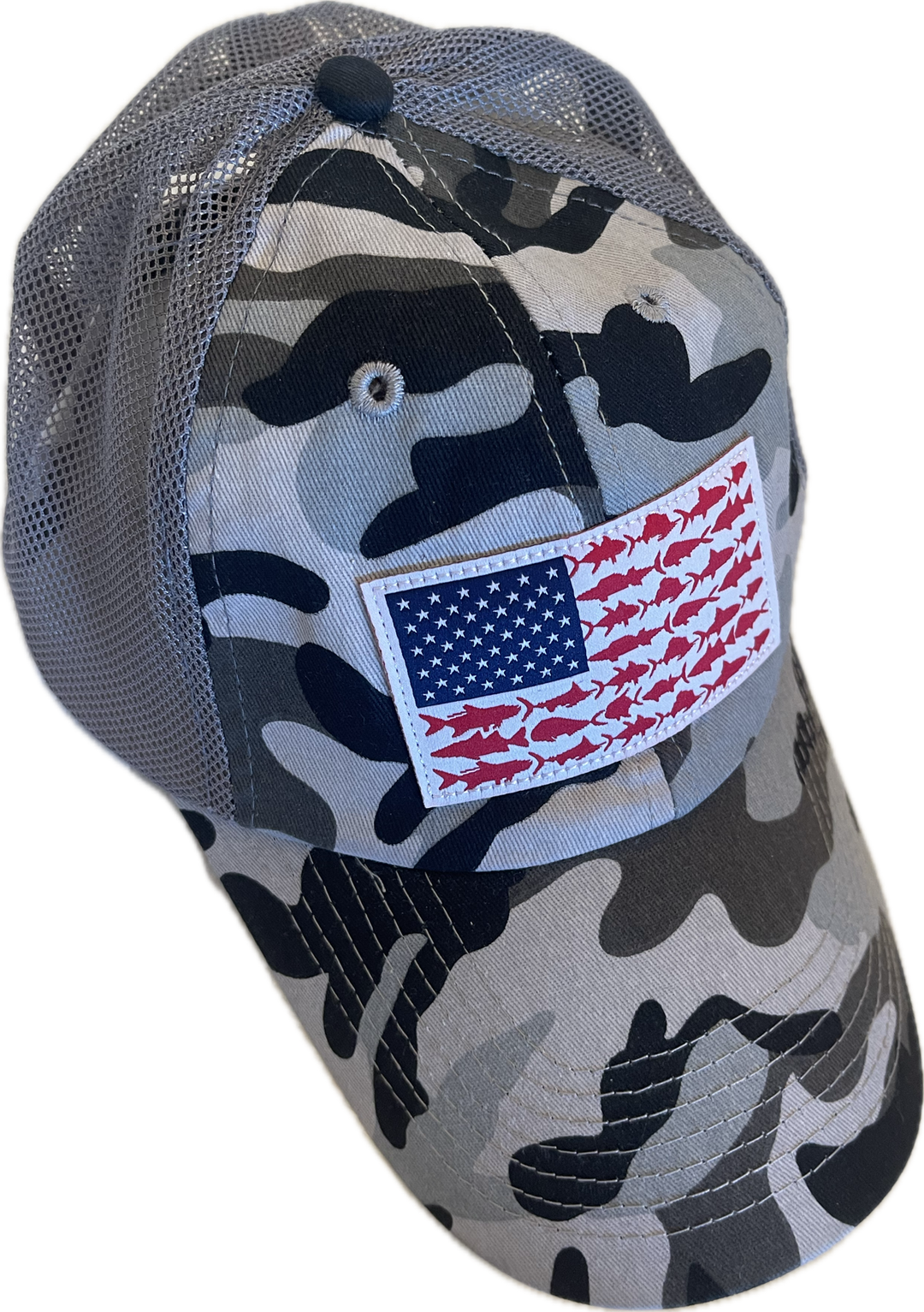 Baseball cap with an american flag with fish as the lines in the flag