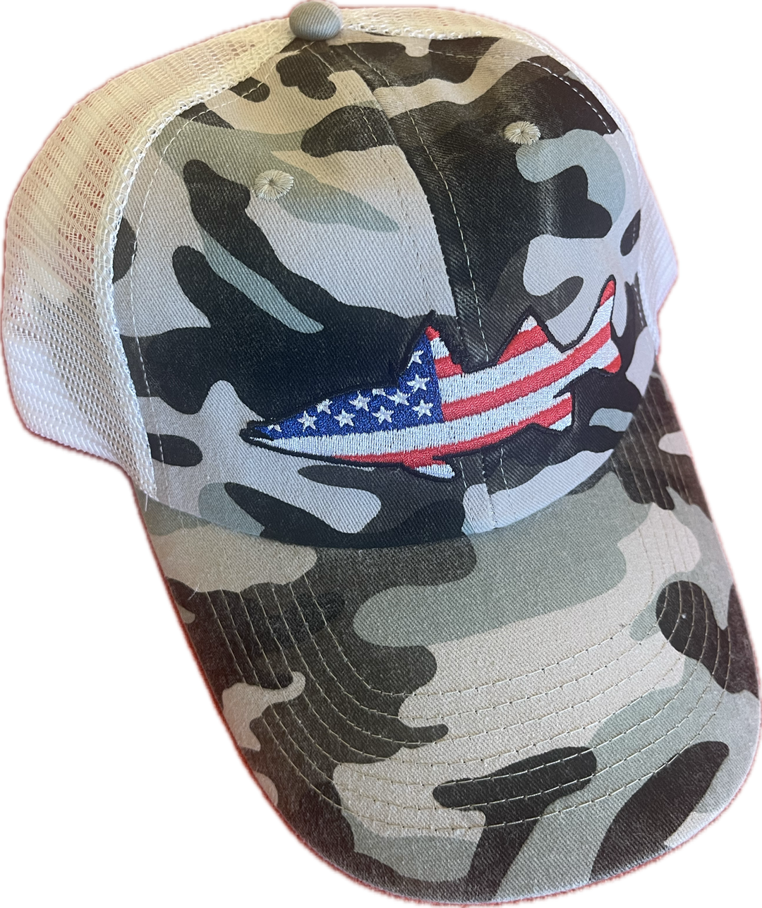 Camo colored trucker style baseball cap