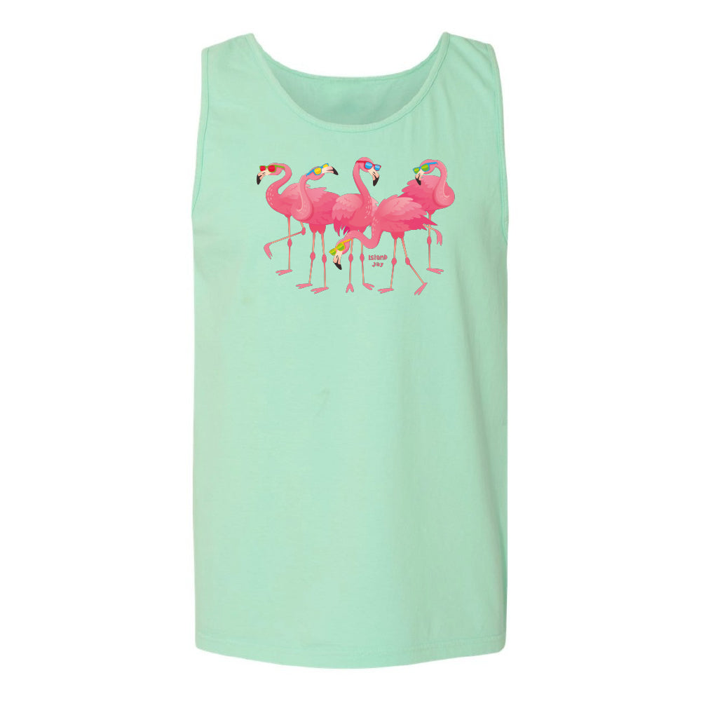 Green tank top with pink flamingo design on a white background