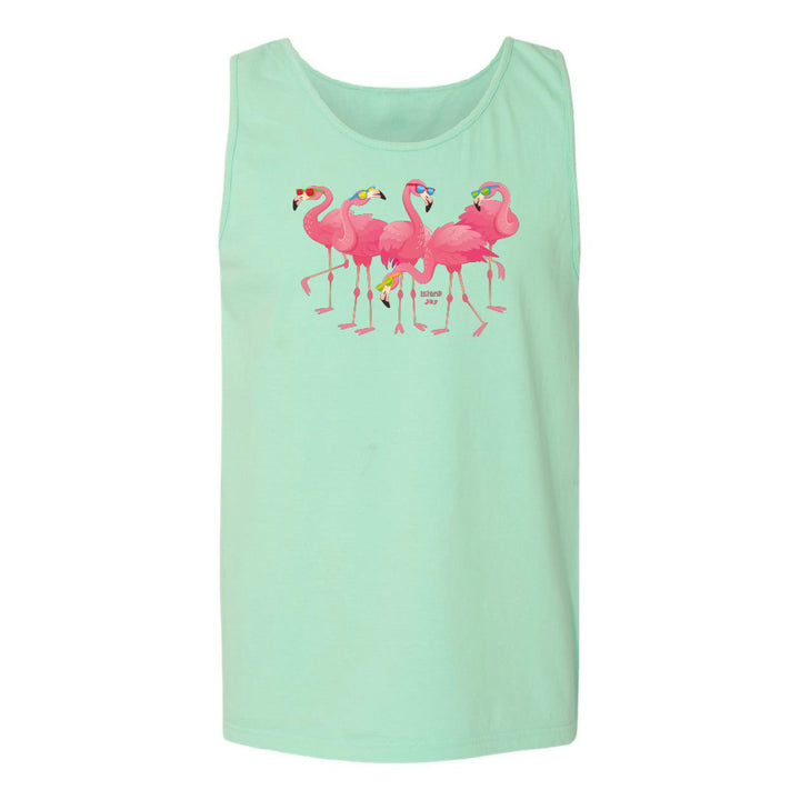Green tank top with pink flamingo design on a white background