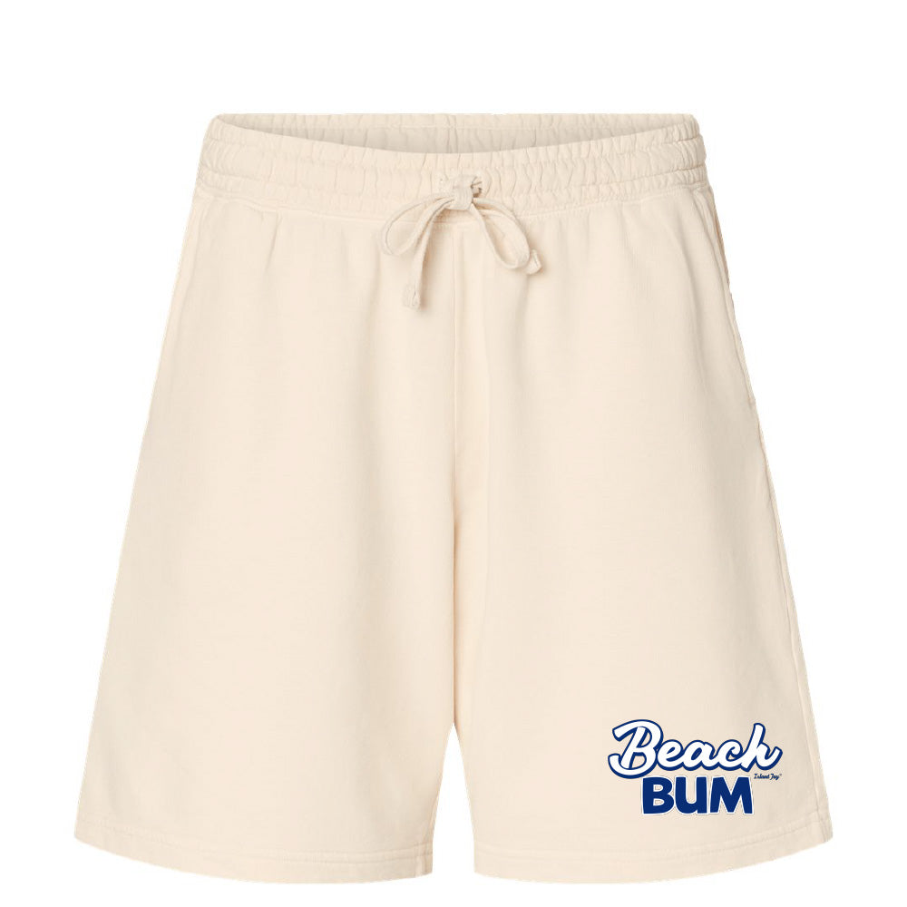 Beige shorts with 'Beach Bum' text on a white background