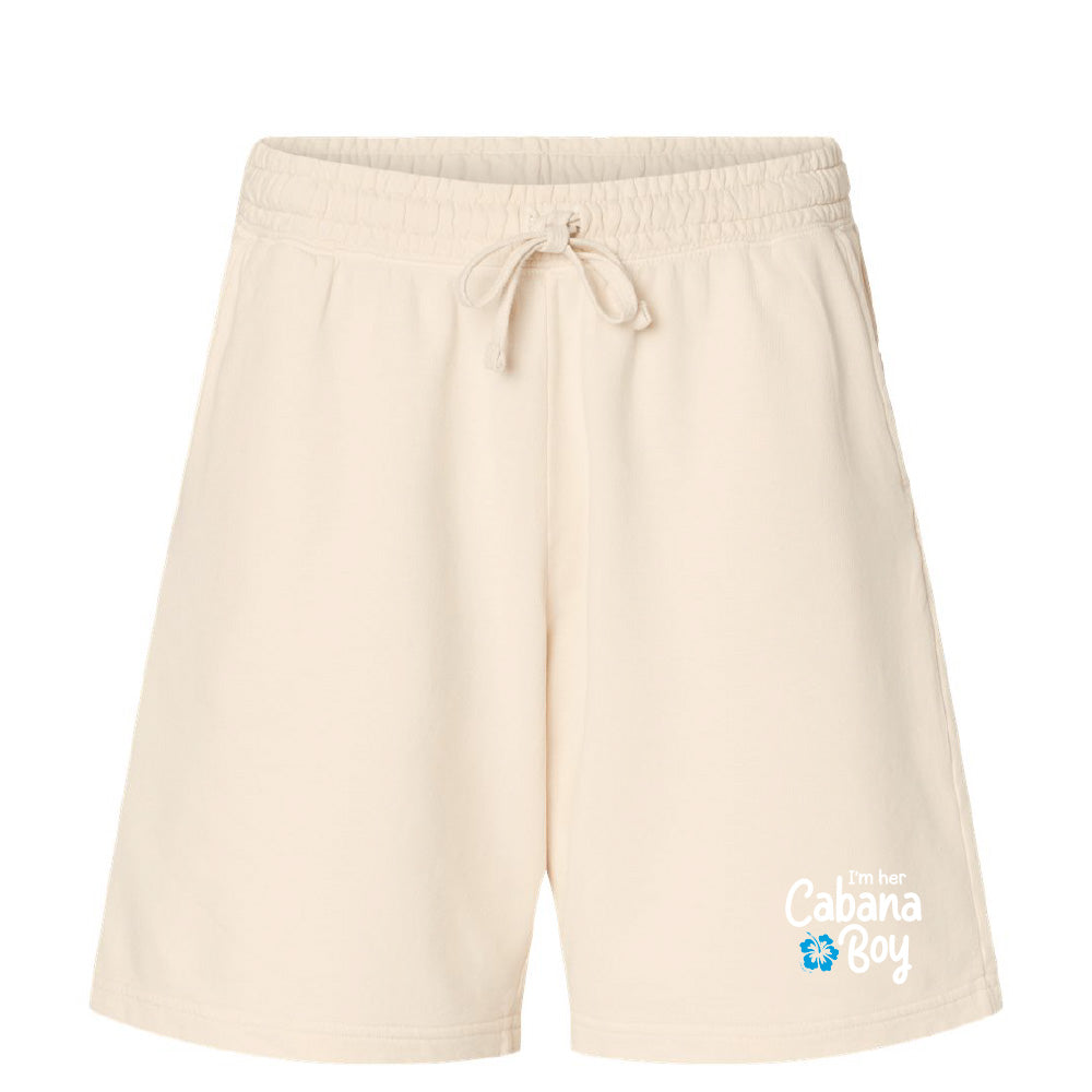 Beige shorts with a brand logo on a white background