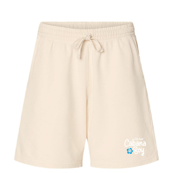 Beige shorts with a brand logo on a white background
