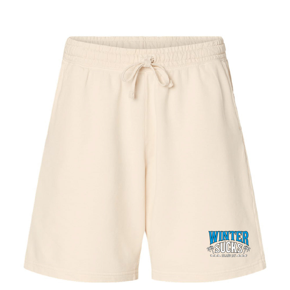Beige shorts with 'Winter Sucks' text on a white background