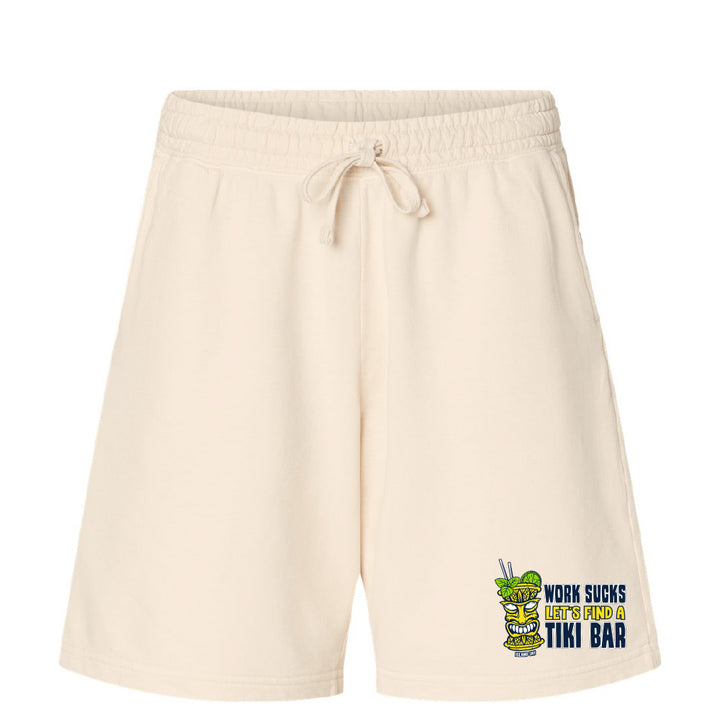Beige shorts with a graphic and text on a white background