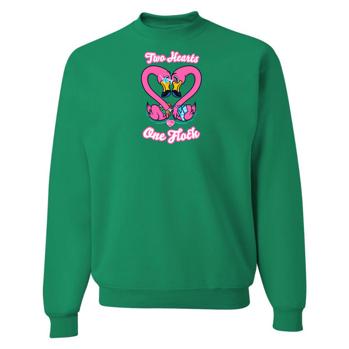 Green sweatshirt with a heart design and text on a white background