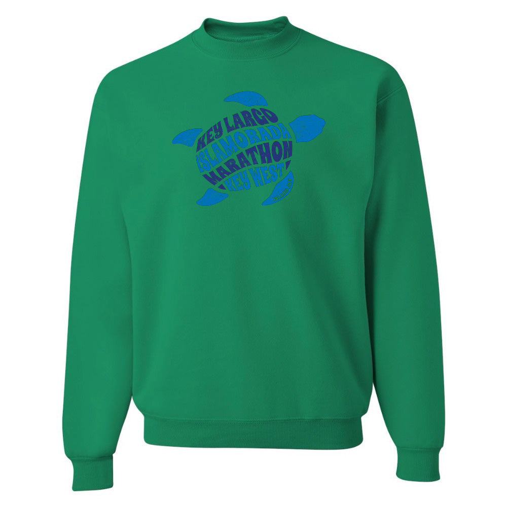 Green sweatshirt with blue turtle graphic and text on a white background