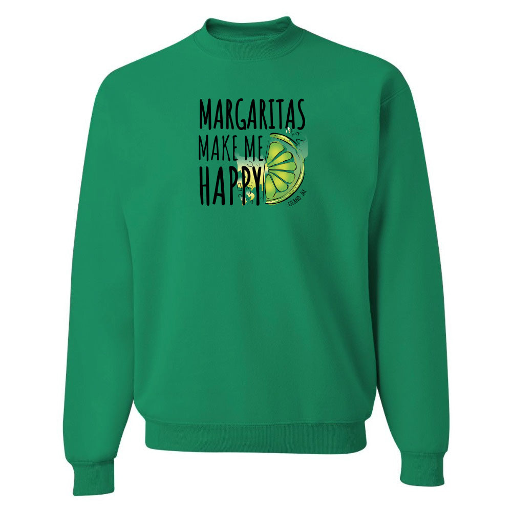 Green sweatshirt with 'Margaritas Make Me Happy' text and lime graphic on a white background