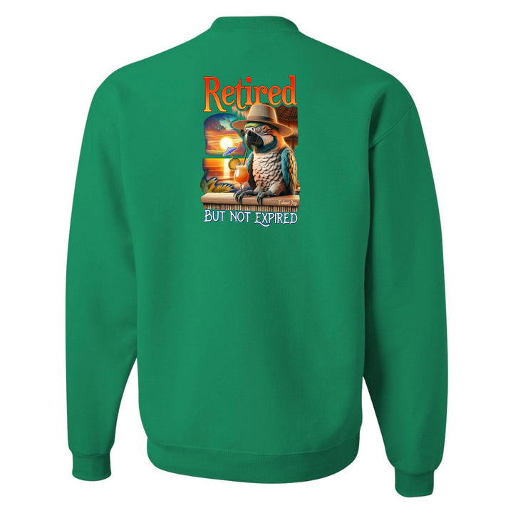 Green sweatshirt with a parrot graphic and text on the back, on a white background