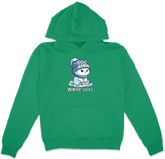 Green hoodie with a cartoon character and 'Winter Sucks' text on a white background