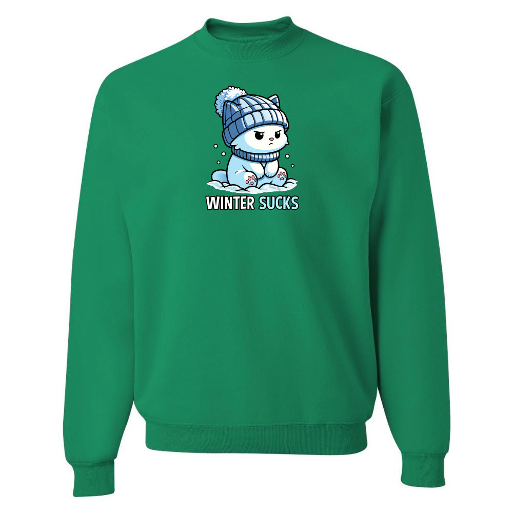 Green sweatshirt with a cartoon character and 'Winter Sucks' text on a white background