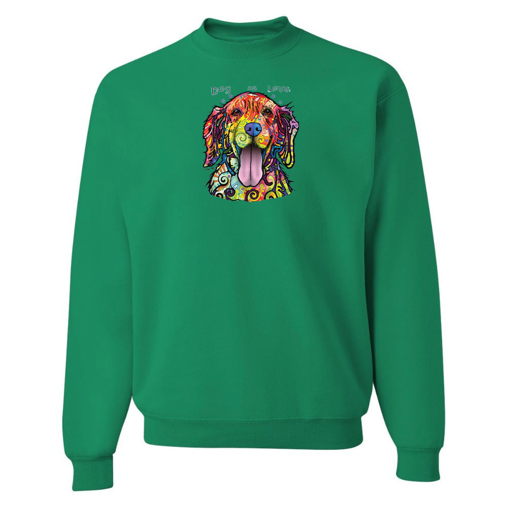 Green sweatshirt with a colorful dog graphic on a white background