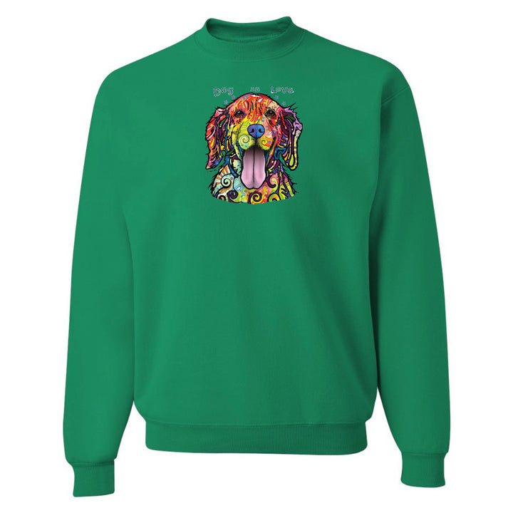 Green sweatshirt with a colorful dog graphic on a white background