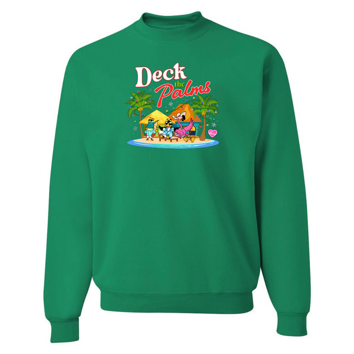 Green sweatshirt with 'Deck the Palms' graphic design on a white background