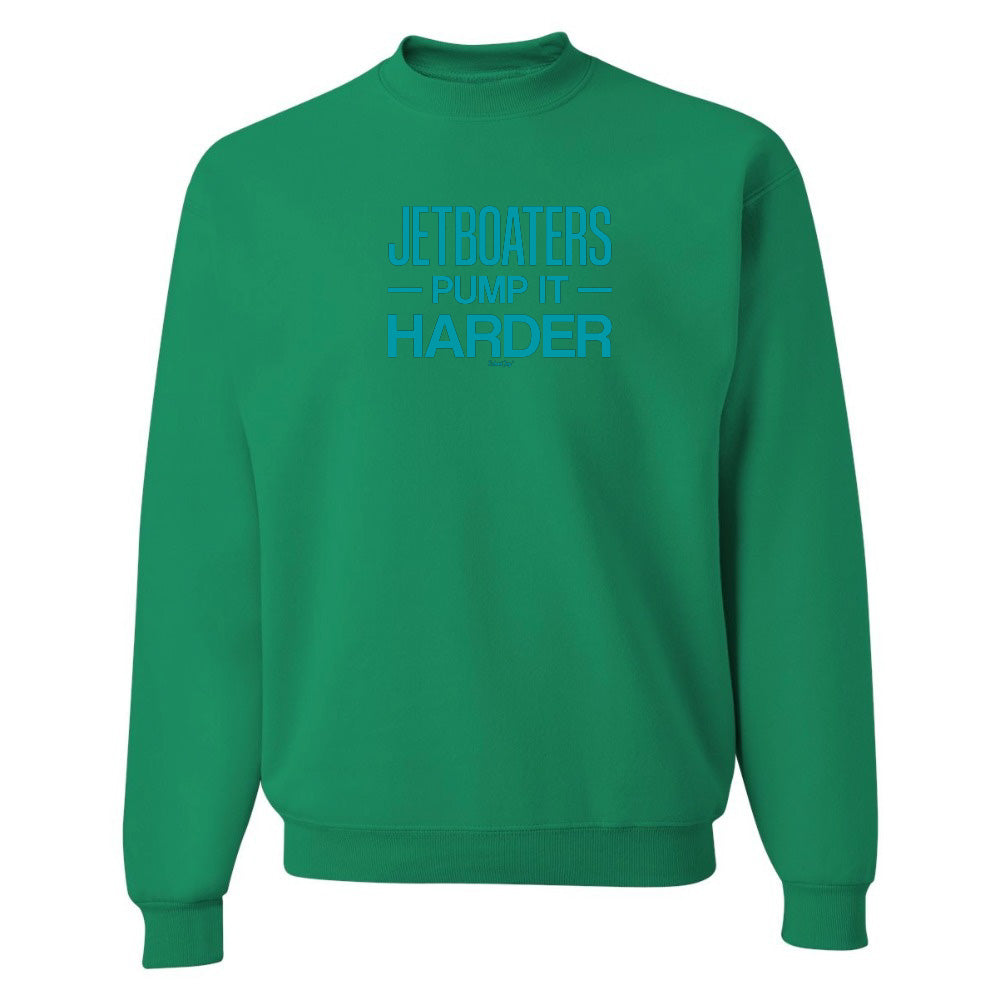 Green sweatshirt with blue text on a white background