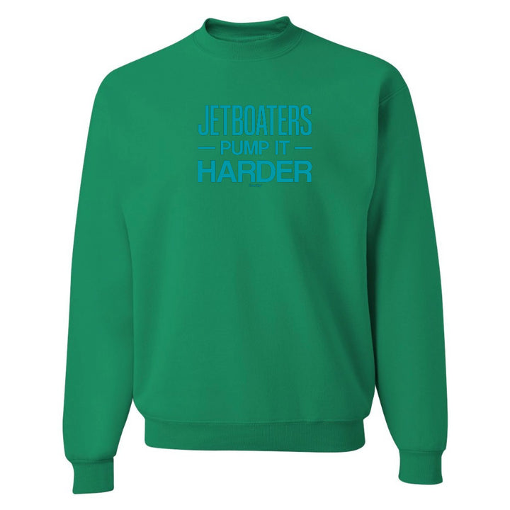 Green sweatshirt with blue text on a white background