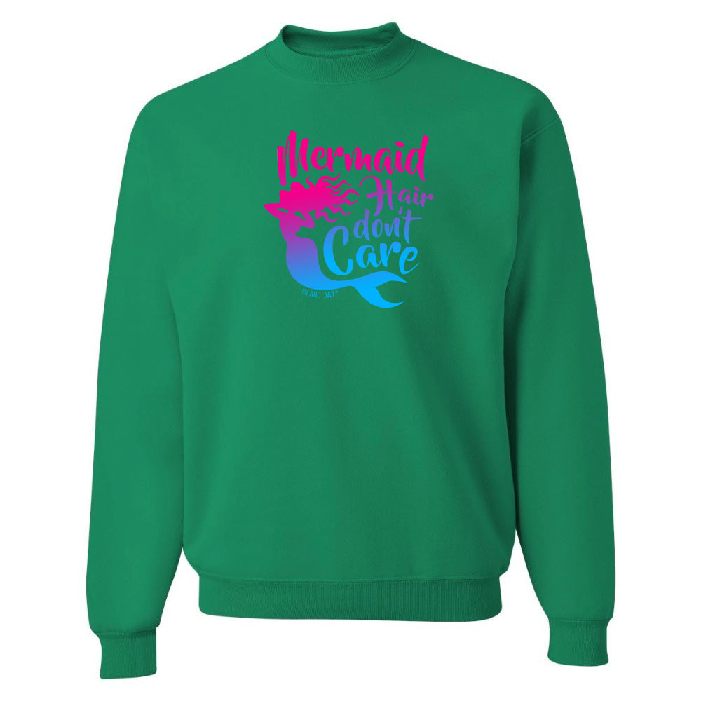 Green sweatshirt with 'Mermaid Hair don't care' text and mermaid graphic on a white background