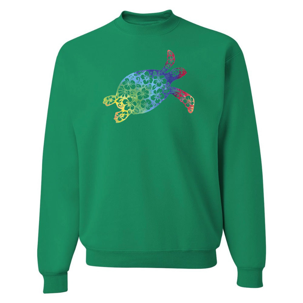 Green sweatshirt with a colorful turtle design on a white background
