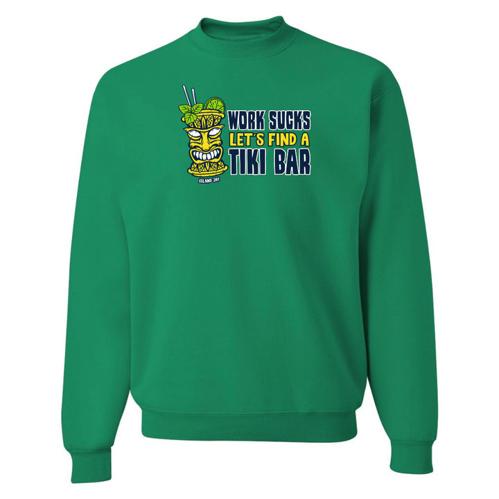 Green sweatshirt with tiki bar graphic and text on a white background