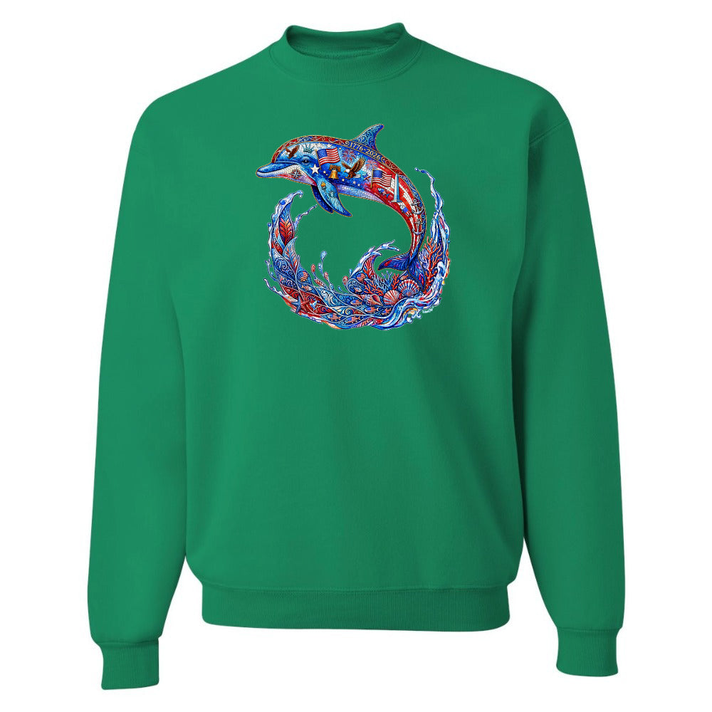 Green sweatshirt with a colorful dolphin design on a white background