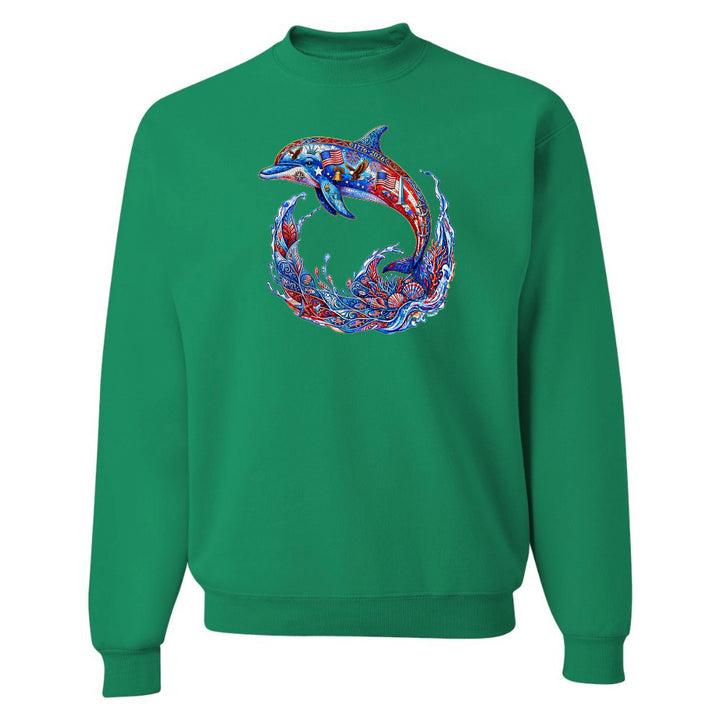 Green sweatshirt with a colorful dolphin design on a white background