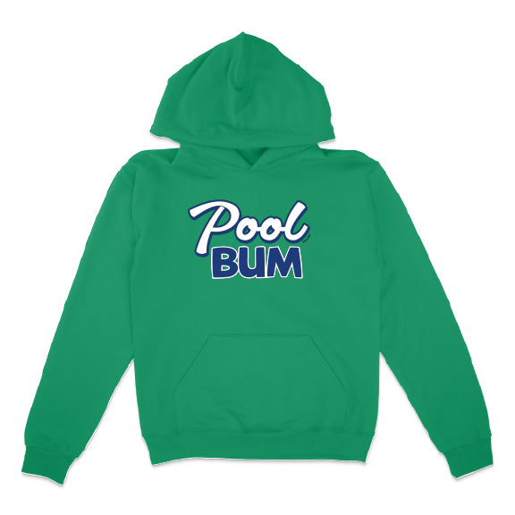 Green hoodie with 'Pool Bum' text on a white background