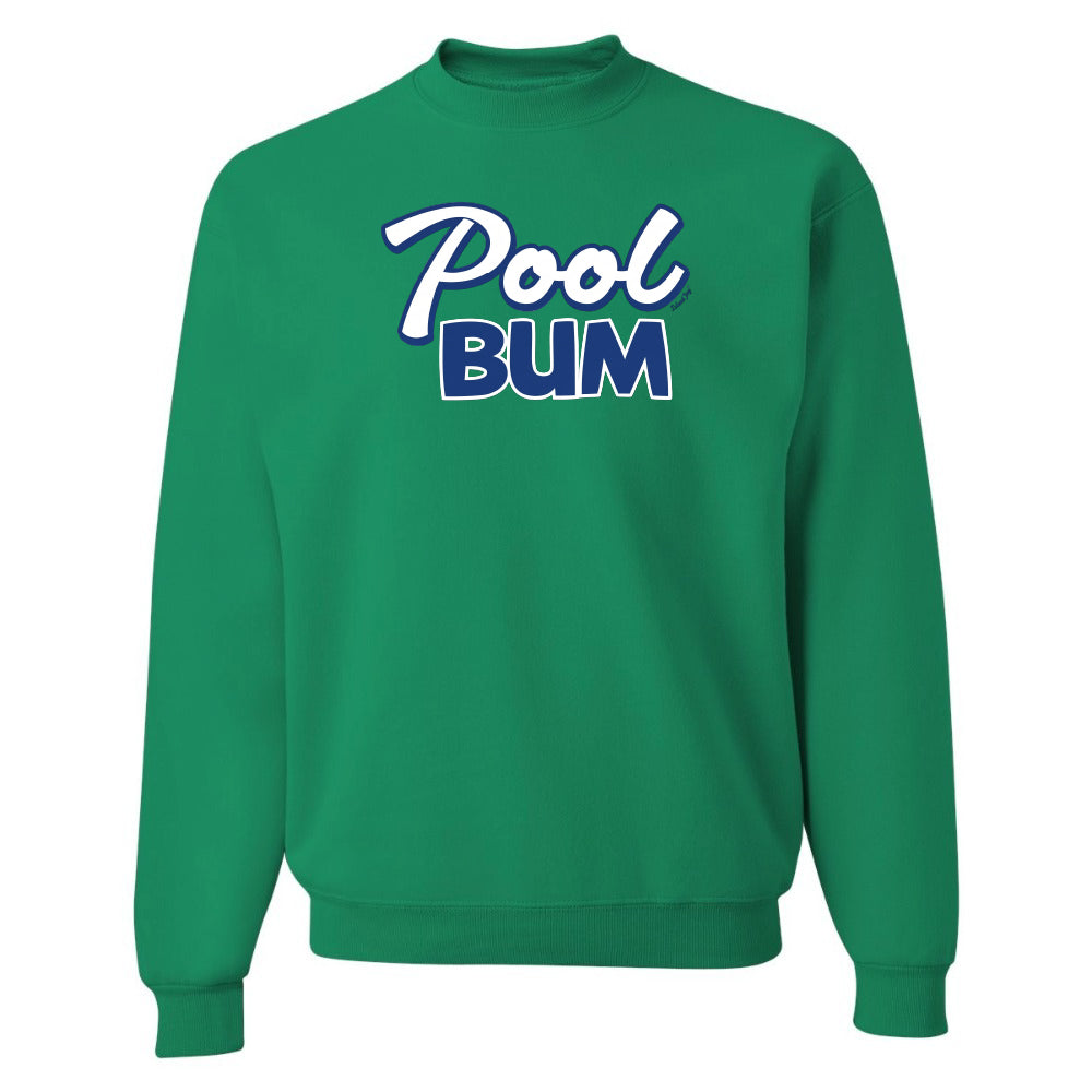 Green sweatshirt with 'Pool Bum' text on a white background