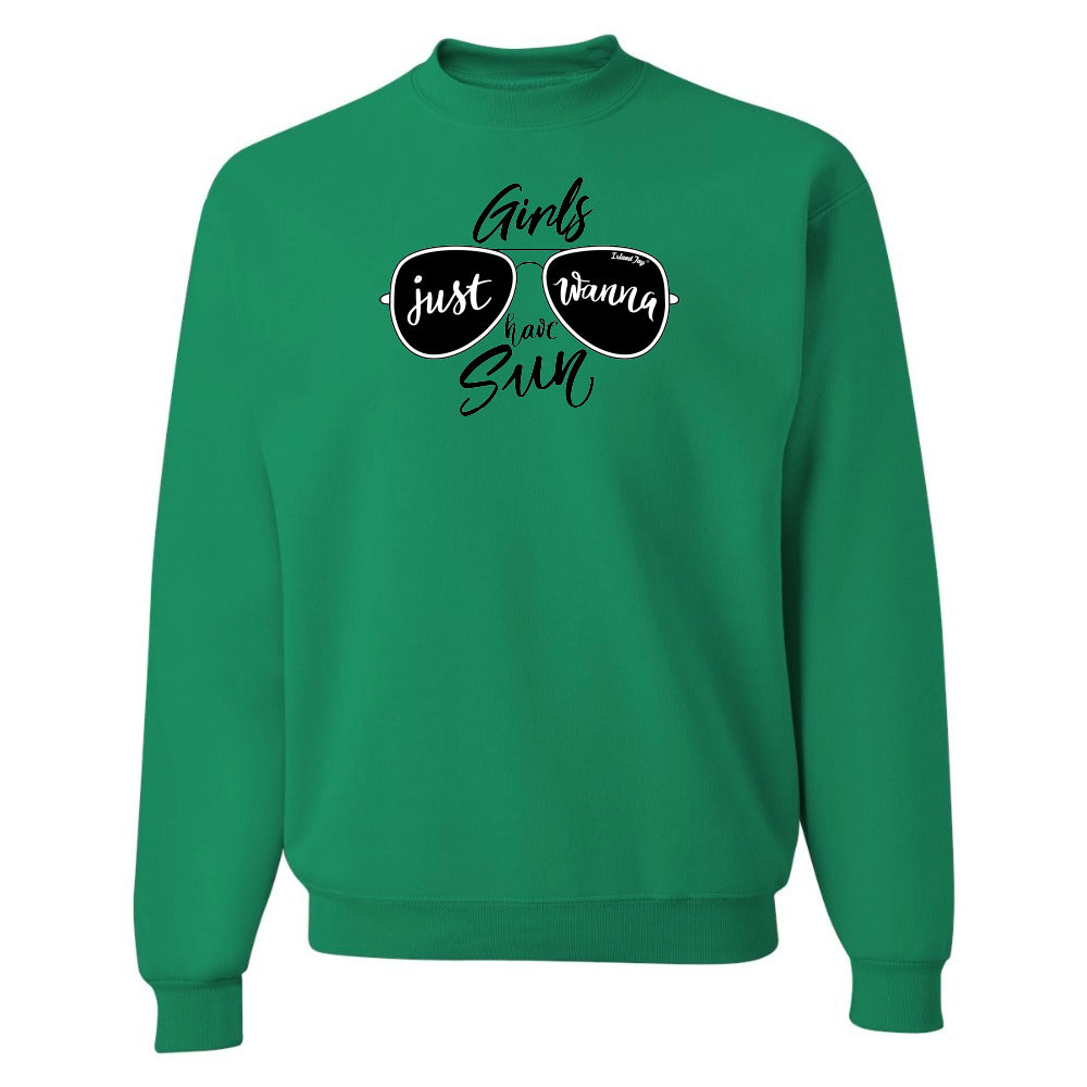 Green sweatshirt with sunglasses graphic and text on a white background