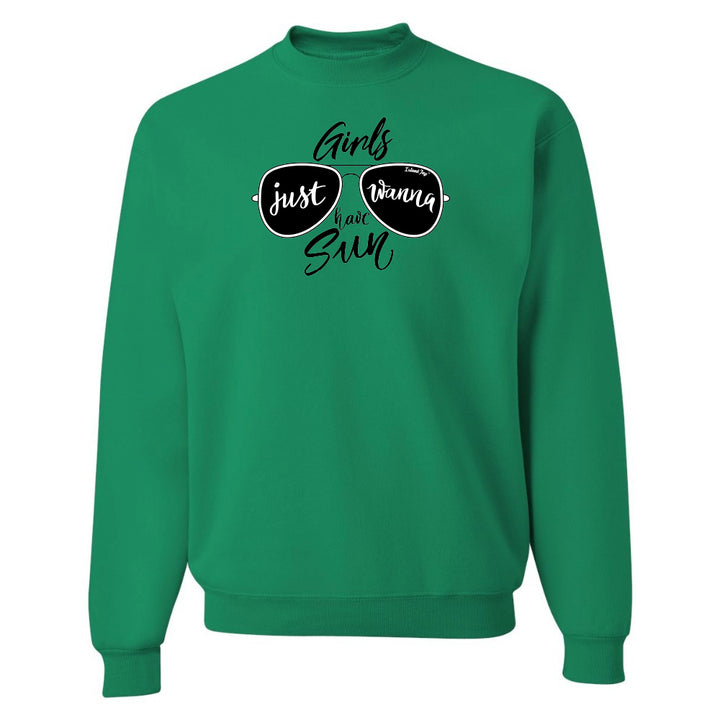 Green sweatshirt with sunglasses graphic and text on a white background