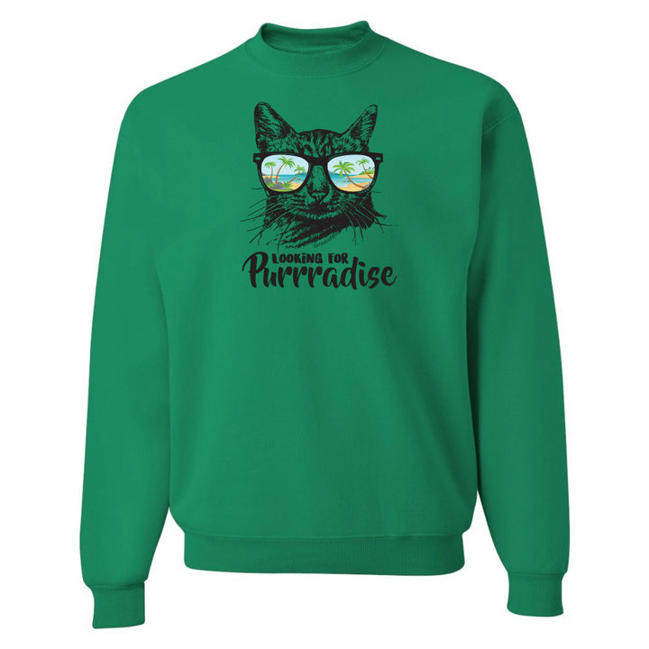 Green sweatshirt with a cat graphic and 'Looking for Purradise' text on a white background