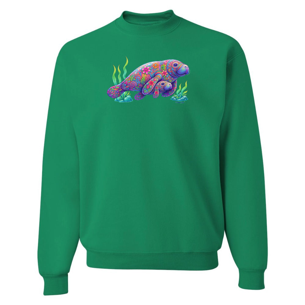 Green sweatshirt with a colorful sea turtle design on a white background