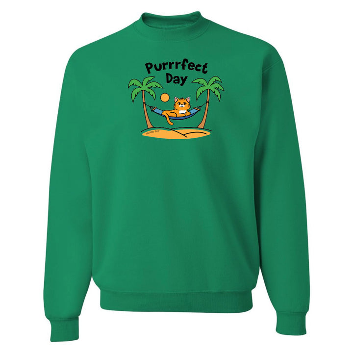 Green sweatshirt with a cat graphic and 'Purrfect Day' text on a white background