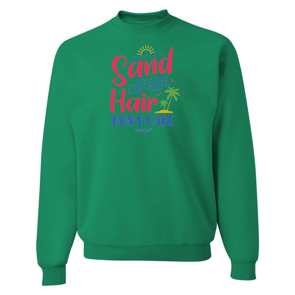 Green sweatshirt with colorful text design on a white background