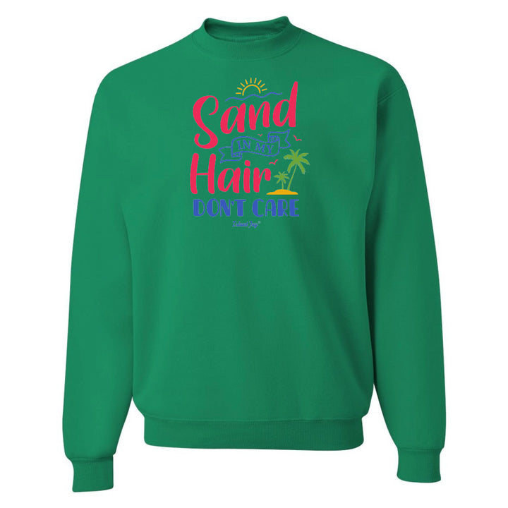 Green sweatshirt with colorful text design on a white background