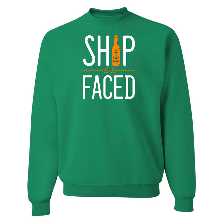 Green sweatshirt with 'SHIP FACED' text and graphic on a white background
