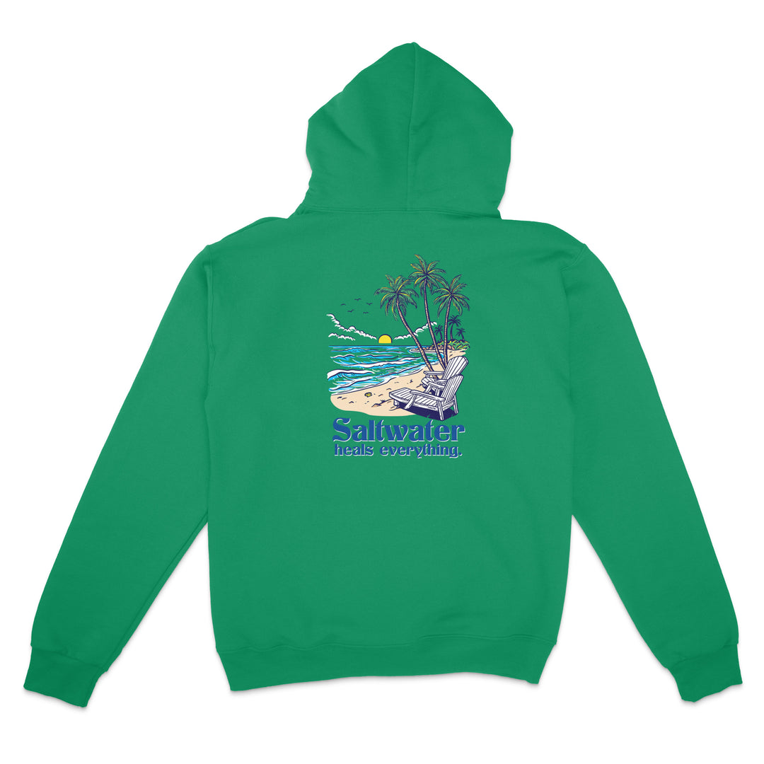 Green hoodie with a beach graphic and 'Saltwater' text on the back, on a white background