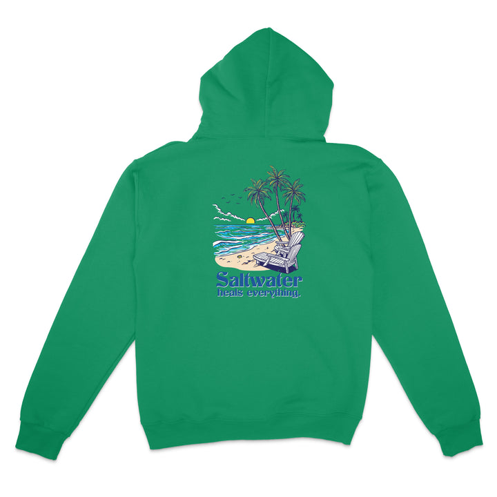 Green hoodie with a beach graphic and 'Saltwater' text on the back, on a white background