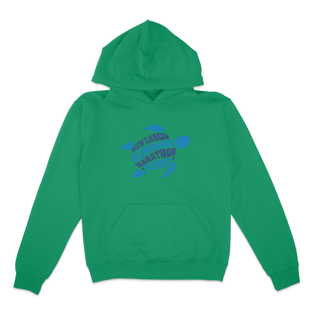 Green hoodie with blue graphic on a white background